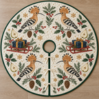Four illustrated Eurasian hoopoes frame cranberry toy sleds carrying navy gifts with ochre bows, with pear halves, cedar cones, holly, rosemary and ochre snowflakes on ivory with forest green binding. Flat printed Christmas artwork. Includes one circular tree skirt with a center opening and tie closure. Visible sewn quilting and continuous radial opening.