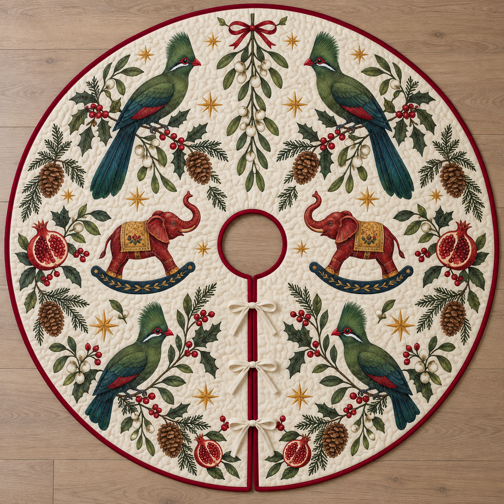 Four illustrated green turacos frame cranberry toy rocking elephants with navy rockers and ochre saddles, with pomegranate halves, cedar cones, holly, mistletoe and ochre stars on ivory with cranberry binding. Flat printed Christmas artwork. Includes one circular tree skirt with a center opening and tie closure. Visible sewn quilting and continuous radial opening.