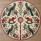 Four illustrated green turacos frame cranberry toy rocking elephants with navy rockers and ochre saddles, with pomegranate halves, cedar cones, holly, mistletoe and ochre stars on ivory with cranberry binding. Flat printed Christmas artwork. Includes one circular tree skirt with a center opening and tie closure. Visible sewn quilting and continuous radial opening.