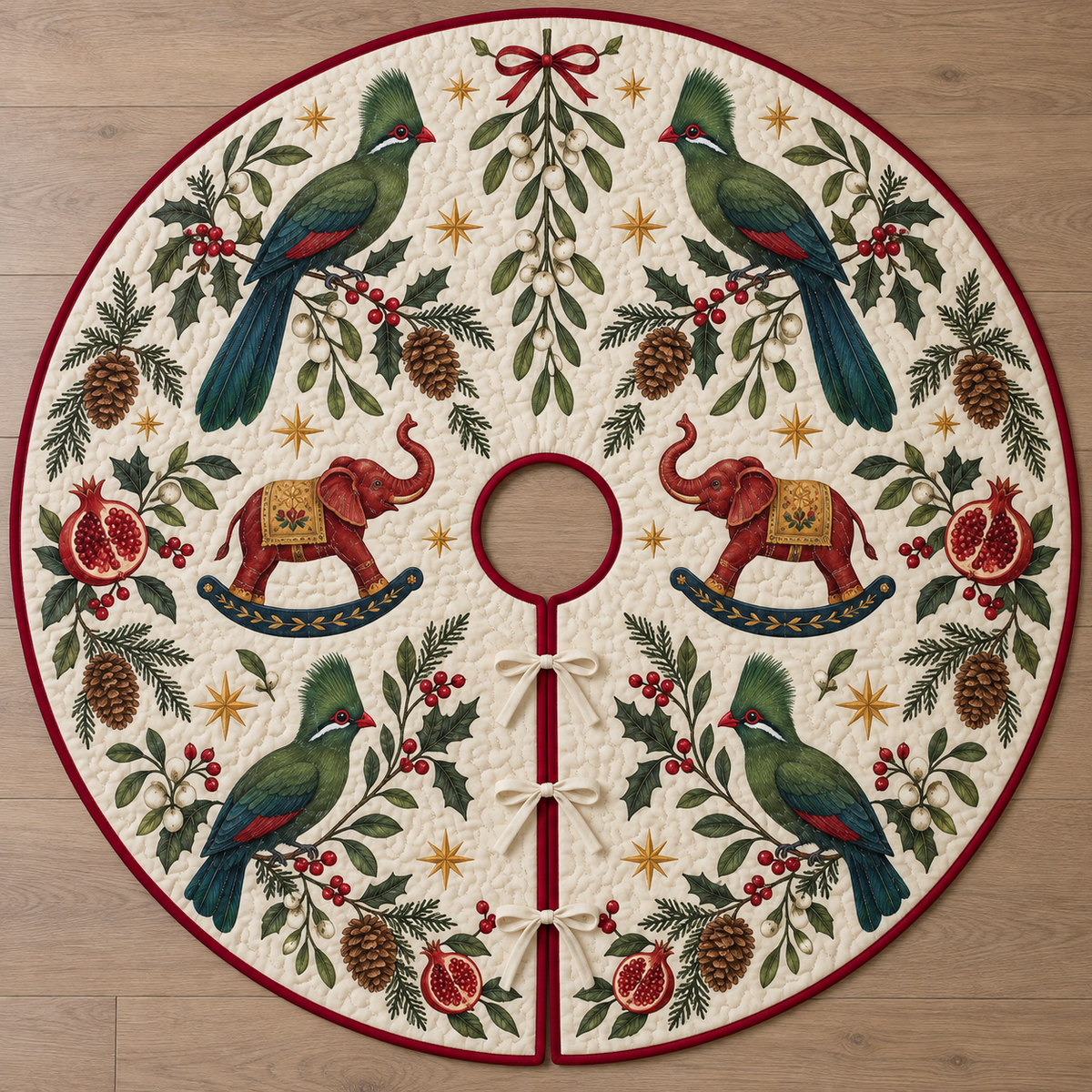 Four illustrated green turacos frame cranberry toy rocking elephants with navy rockers and ochre saddles, with pomegranate halves, cedar cones, holly, mistletoe and ochre stars on ivory with cranberry binding. Flat printed Christmas artwork. Includes one circular tree skirt with a center opening and tie closure. Visible sewn quilting and continuous radial opening.