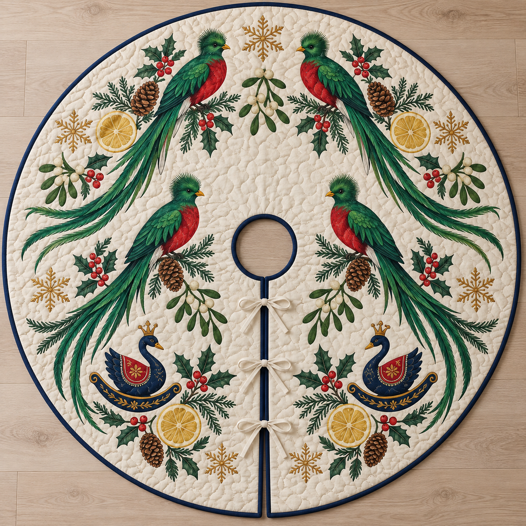 Four illustrated resplendent quetzals frame navy toy rocking swans with ochre crowns and cranberry saddles, with lemon halves, cedar cones, holly, mistletoe and ochre snowflakes on ivory with navy binding. Flat printed Christmas artwork. Includes one circular tree skirt with a center opening and tie closure. Visible sewn quilting and continuous radial opening.