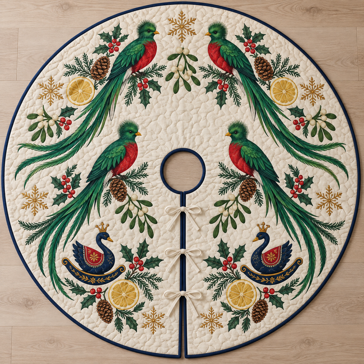 Four illustrated resplendent quetzals frame navy toy rocking swans with ochre crowns and cranberry saddles, with lemon halves, cedar cones, holly, mistletoe and ochre snowflakes on ivory with navy binding. Flat printed Christmas artwork. Includes one circular tree skirt with a center opening and tie closure. Visible sewn quilting and continuous radial opening.