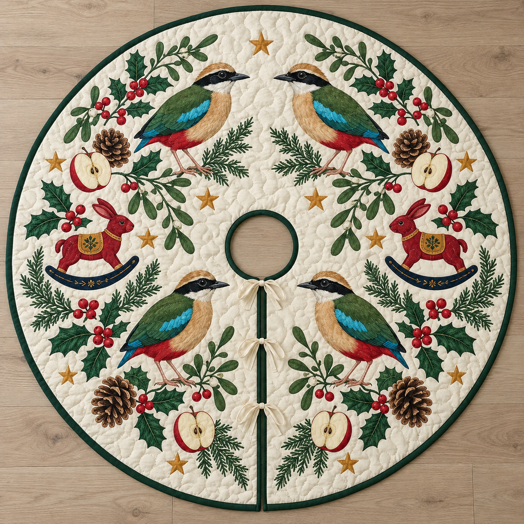 Four illustrated Indian pittas frame cranberry toy rocking rabbits with navy rockers and ochre saddles, with apple halves, cedar cones, holly, mistletoe and ochre stars on ivory with forest green binding. Flat printed Christmas artwork. Includes one circular tree skirt with a center opening and tie closure. Visible sewn quilting and continuous radial opening.