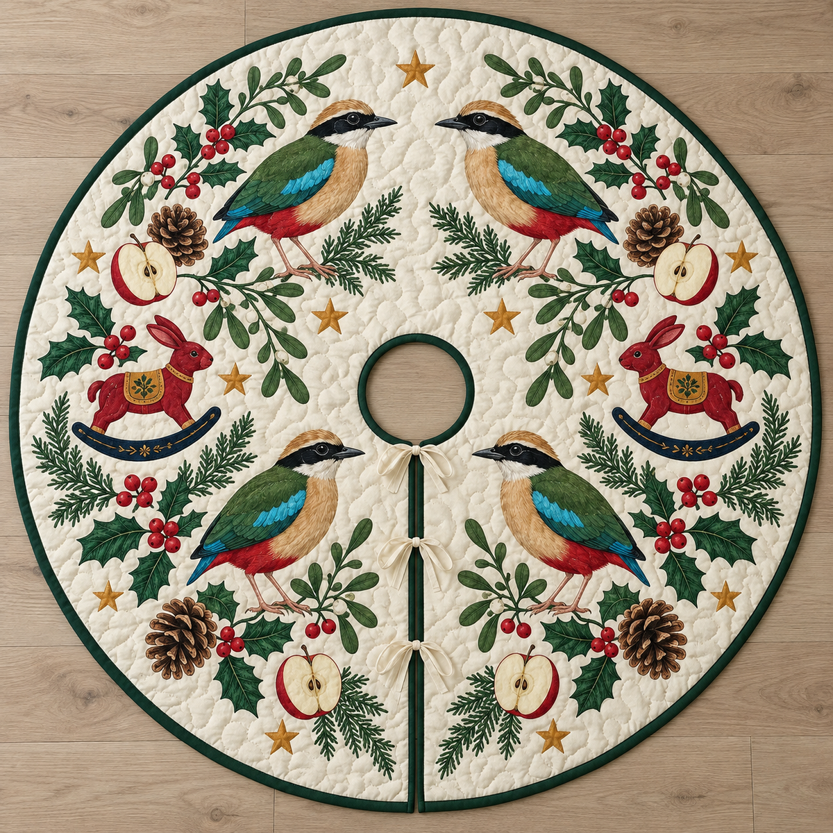 Four illustrated Indian pittas frame cranberry toy rocking rabbits with navy rockers and ochre saddles, with apple halves, cedar cones, holly, mistletoe and ochre stars on ivory with forest green binding. Flat printed Christmas artwork. Includes one circular tree skirt with a center opening and tie closure. Visible sewn quilting and continuous radial opening.