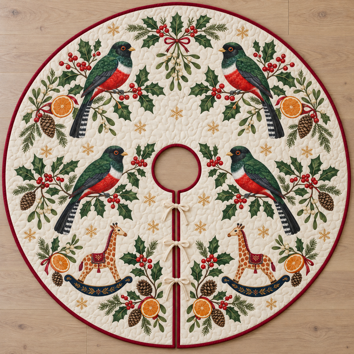 Four illustrated collared trogons frame cream toy rocking giraffes with ochre spots, cranberry saddles and navy rockers, with orange halves, cedar cones, holly, mistletoe and ochre snowflakes on ivory with cranberry binding. Flat printed Christmas artwork. Includes one circular tree skirt with a center opening and tie closure. Visible sewn quilting and continuous radial opening.