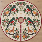 Four illustrated collared trogons frame cream toy rocking giraffes with ochre spots, cranberry saddles and navy rockers, with orange halves, cedar cones, holly, mistletoe and ochre snowflakes on ivory with cranberry binding. Flat printed Christmas artwork. Includes one circular tree skirt with a center opening and tie closure. Visible sewn quilting and continuous radial opening.