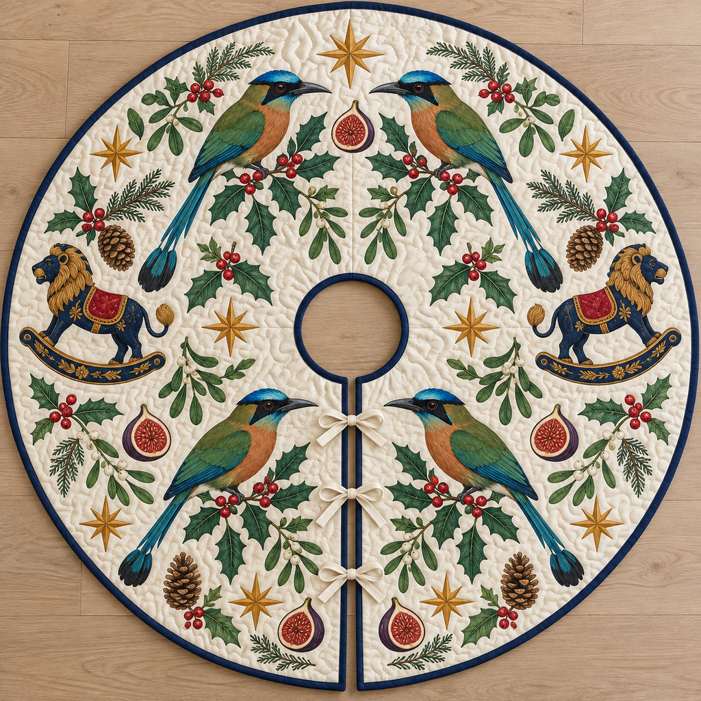 Four illustrated blue-crowned motmots frame navy toy rocking lions with ochre manes and cranberry saddles, with fig halves, cedar cones, holly, mistletoe and ochre stars on ivory with navy binding. Flat printed Christmas artwork. Includes one circular tree skirt with a center opening and tie closure. Visible sewn quilting and continuous radial opening.