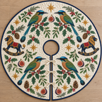 Four illustrated blue-crowned motmots frame navy toy rocking lions with ochre manes and cranberry saddles, with fig halves, cedar cones, holly, mistletoe and ochre stars on ivory with navy binding. Flat printed Christmas artwork. Includes one circular tree skirt with a center opening and tie closure. Visible sewn quilting and continuous radial opening.