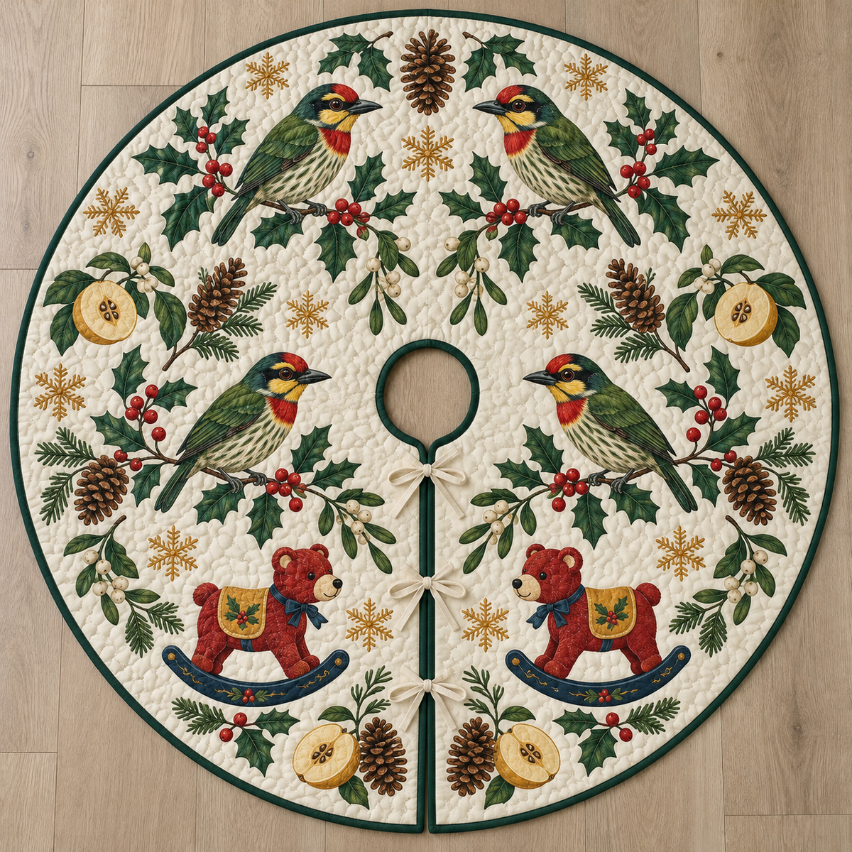 Four illustrated coppersmith barbets frame cranberry toy rocking bears with navy rockers and ochre saddles, with quince halves, cedar cones, holly, mistletoe and ochre snowflakes on ivory with forest green binding. Flat printed Christmas artwork. Includes one circular tree skirt with a center opening and tie closure. Visible sewn quilting and continuous radial opening.