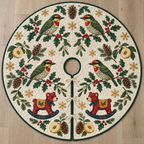 Four illustrated coppersmith barbets frame cranberry toy rocking bears with navy rockers and ochre saddles, with quince halves, cedar cones, holly, mistletoe and ochre snowflakes on ivory with forest green binding. Flat printed Christmas artwork. Includes one circular tree skirt with a center opening and tie closure. Visible sewn quilting and continuous radial opening.