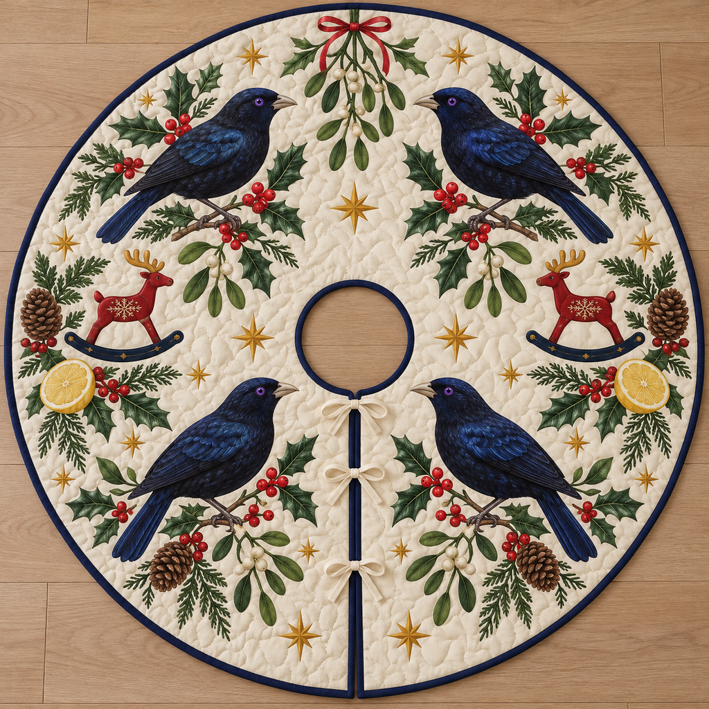 Four illustrated satin bowerbirds frame cranberry toy rocking reindeer with ochre antlers and navy rockers, with lemon halves, cedar cones, holly, mistletoe and ochre stars on ivory with navy binding. Flat printed Christmas artwork. Includes one circular tree skirt with a center opening and tie closure. Visible sewn quilting and continuous radial opening.