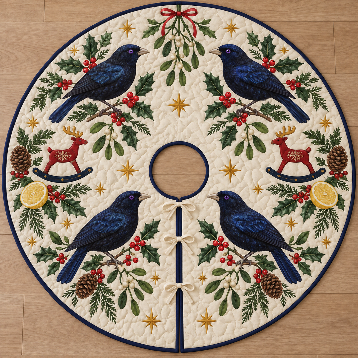Four illustrated satin bowerbirds frame cranberry toy rocking reindeer with ochre antlers and navy rockers, with lemon halves, cedar cones, holly, mistletoe and ochre stars on ivory with navy binding. Flat printed Christmas artwork. Includes one circular tree skirt with a center opening and tie closure. Visible sewn quilting and continuous radial opening.