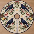 Four illustrated satin bowerbirds frame cranberry toy rocking reindeer with ochre antlers and navy rockers, with lemon halves, cedar cones, holly, mistletoe and ochre stars on ivory with navy binding. Flat printed Christmas artwork. Includes one circular tree skirt with a center opening and tie closure. Visible sewn quilting and continuous radial opening.