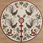 Four illustrated superb lyrebirds with raised lyre-shaped tails surround cranberry toy rocking kangaroos with navy rockers and ochre saddles, pear halves, cedar, holly, mistletoe and ochre snowflakes on ivory with cranberry binding. Flat printed Christmas artwork. Includes one circular tree skirt with center opening and tie closure. Visible sewn quilting and continuous radial opening.