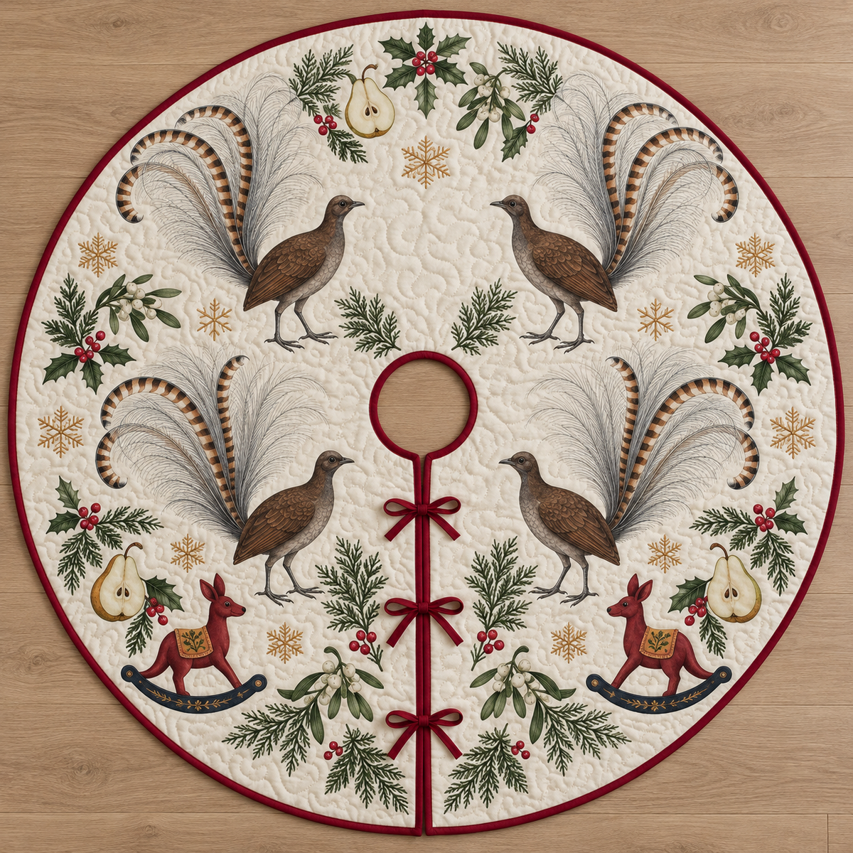 Four illustrated superb lyrebirds with raised lyre-shaped tails surround cranberry toy rocking kangaroos with navy rockers and ochre saddles, pear halves, cedar, holly, mistletoe and ochre snowflakes on ivory with cranberry binding. Flat printed Christmas artwork. Includes one circular tree skirt with center opening and tie closure. Visible sewn quilting and continuous radial opening.