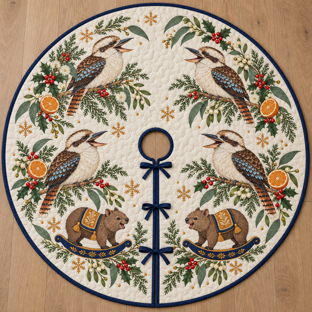 Four illustrated laughing kookaburras with broad bills and barred tails frame two brown toy rocking wombats with ochre saddles and navy rockers, orange halves, cedar, holly, mistletoe and ochre snowflakes on ivory with navy binding. Flat printed Christmas artwork. Includes one circular tree skirt with center opening and tie closure. Visible sewn quilting and continuous radial opening.