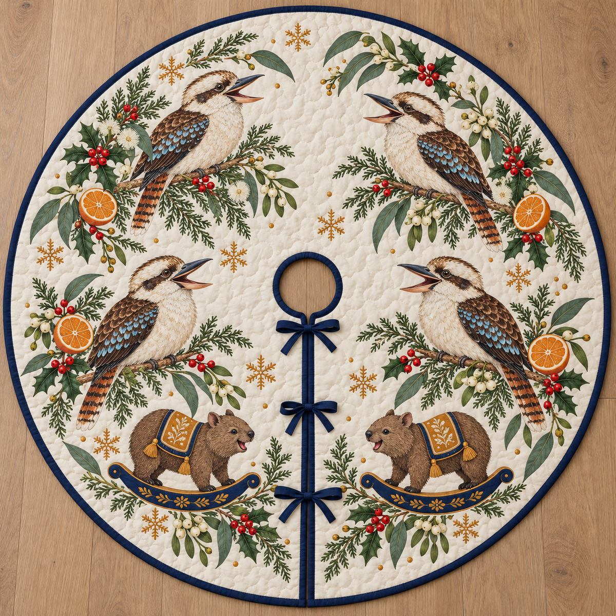 Four illustrated laughing kookaburras with broad bills and barred tails frame two brown toy rocking wombats with ochre saddles and navy rockers, orange halves, cedar, holly, mistletoe and ochre snowflakes on ivory with navy binding. Flat printed Christmas artwork. Includes one circular tree skirt with center opening and tie closure. Visible sewn quilting and continuous radial opening.