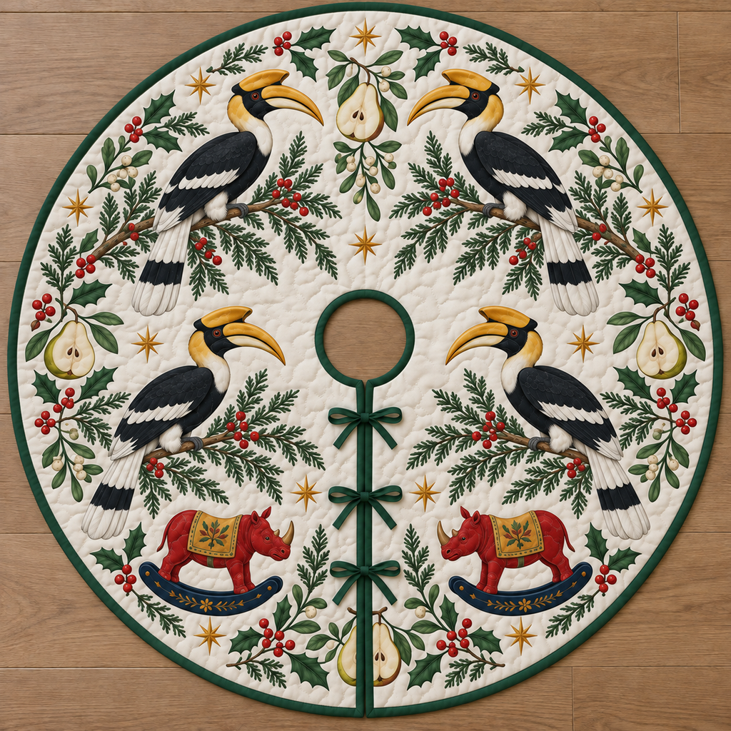 Four illustrated great hornbills with curved yellow bills and casques frame two cranberry toy rocking rhinoceroses with ochre saddles and navy rockers, pear halves, cedar, holly, mistletoe and ochre stars on ivory with green binding. Flat printed Christmas artwork. Includes one circular tree skirt with center opening and tie closure. Visible sewn quilting and continuous radial opening.