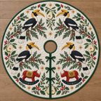 Four illustrated great hornbills with curved yellow bills and casques frame two cranberry toy rocking rhinoceroses with ochre saddles and navy rockers, pear halves, cedar, holly, mistletoe and ochre stars on ivory with green binding. Flat printed Christmas artwork. Includes one circular tree skirt with center opening and tie closure. Visible sewn quilting and continuous radial opening.