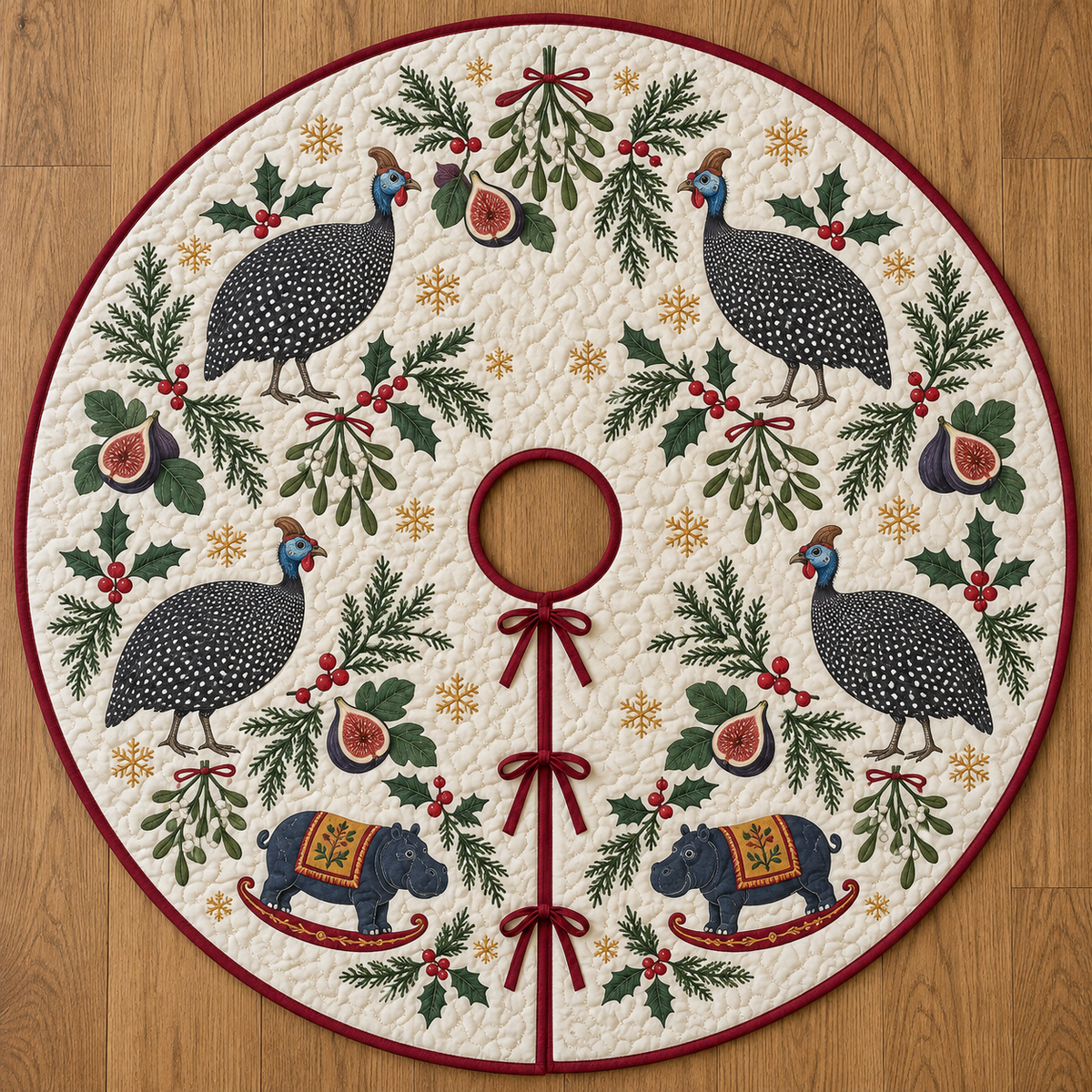 Four illustrated helmeted guineafowl with white-spotted charcoal bodies and blue heads frame two navy toy rocking hippopotamuses with ochre saddles and cranberry rockers, fig halves, cedar, holly, mistletoe and ochre snowflakes on ivory with cranberry binding. Flat printed Christmas artwork. Includes one circular tree skirt with center opening and tie closure. Visible sewn quilting and continuous radial opening.