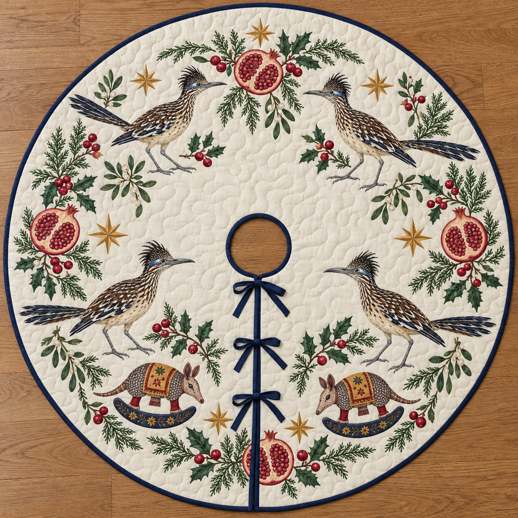 Four illustrated greater roadrunners with shaggy crests and long tails frame two brown toy rocking armadillos with cranberry legs, ochre saddles and navy rockers, pomegranate halves, cedar, holly, mistletoe and ochre stars on ivory with navy binding. Flat printed Christmas artwork. Includes one circular tree skirt with center opening and tie closure. Visible sewn quilting and continuous radial opening.