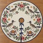 Four illustrated greater roadrunners with shaggy crests and long tails frame two brown toy rocking armadillos with cranberry legs, ochre saddles and navy rockers, pomegranate halves, cedar, holly, mistletoe and ochre stars on ivory with navy binding. Flat printed Christmas artwork. Includes one circular tree skirt with center opening and tie closure. Visible sewn quilting and continuous radial opening.