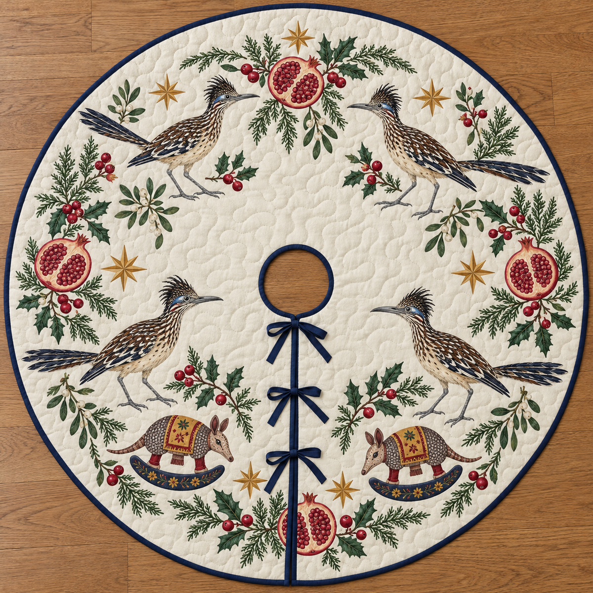 Four illustrated greater roadrunners with shaggy crests and long tails frame two brown toy rocking armadillos with cranberry legs, ochre saddles and navy rockers, pomegranate halves, cedar, holly, mistletoe and ochre stars on ivory with navy binding. Flat printed Christmas artwork. Includes one circular tree skirt with center opening and tie closure. Visible sewn quilting and continuous radial opening.