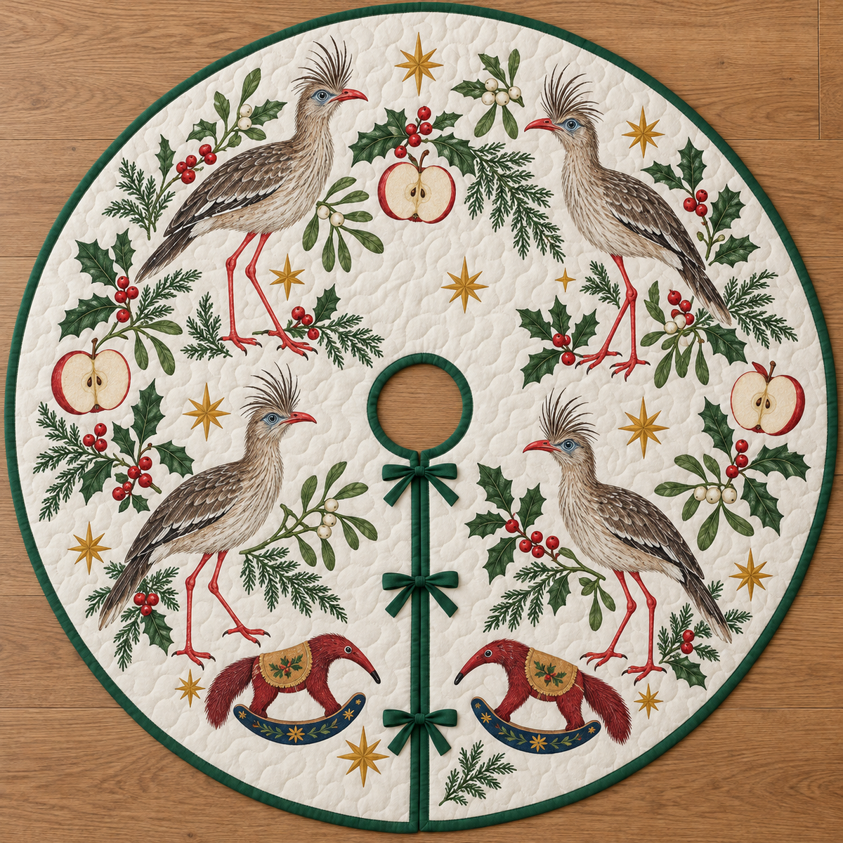 Four illustrated red-legged seriemas with shaggy forehead crests and red bills frame two cranberry toy rocking anteaters with ochre saddles and navy rockers, apple halves, cedar, holly, mistletoe and ochre stars on ivory with green binding. Flat printed Christmas artwork. Includes one circular tree skirt with center opening and tie closure. Visible sewn quilting and continuous radial opening.