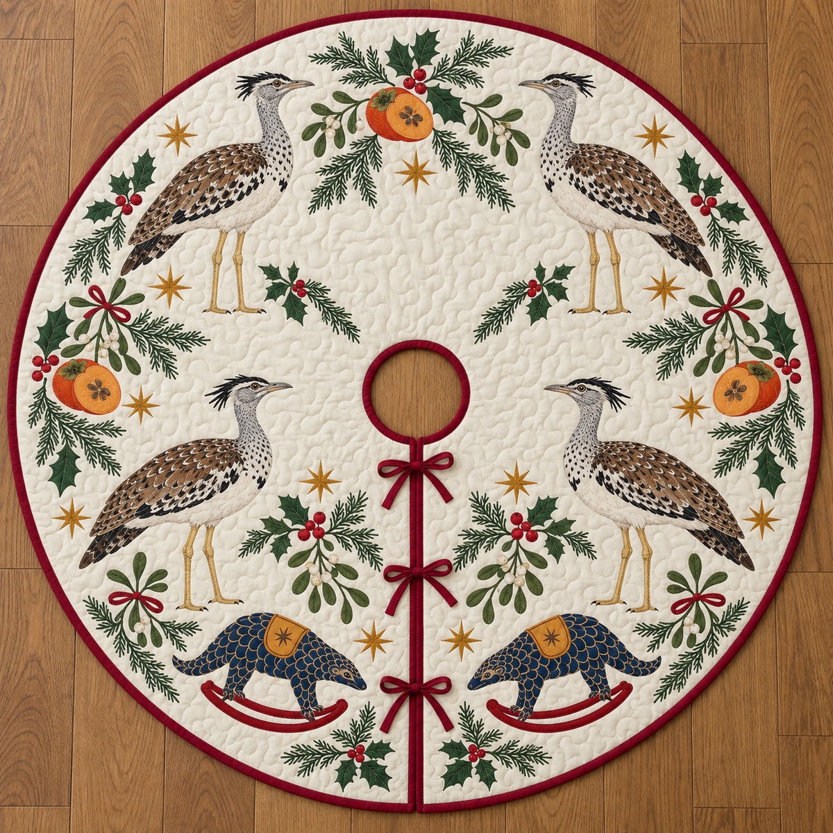 Four illustrated kori bustards with mottled brown backs and speckled gray necks frame two navy toy rocking pangolins with ochre saddles and cranberry rockers, persimmon halves, cedar, holly, mistletoe and ochre stars on ivory with cranberry binding. Flat printed Christmas artwork. Includes one circular tree skirt with center opening and tie closure. Visible sewn quilting and continuous radial opening.