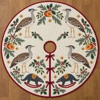 Four illustrated kori bustards with mottled brown backs and speckled gray necks frame two navy toy rocking pangolins with ochre saddles and cranberry rockers, persimmon halves, cedar, holly, mistletoe and ochre stars on ivory with cranberry binding. Flat printed Christmas artwork. Includes one circular tree skirt with center opening and tie closure. Visible sewn quilting and continuous radial opening.