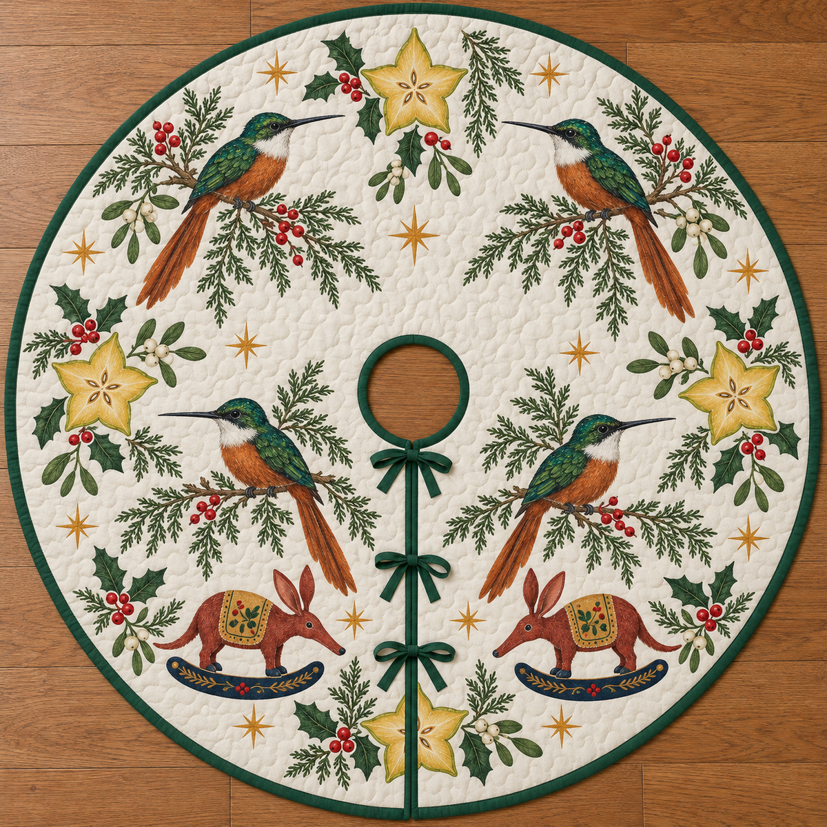 Four illustrated rufous-tailed jacamars with emerald backs and cinnamon bellies frame two cranberry toy rocking aardvarks with ochre saddles and navy rockers, starfruit cross sections, cedar, holly, mistletoe and ochre stars on ivory with green binding. Flat printed Christmas artwork. Includes one circular tree skirt with center opening and tie closure. Visible sewn quilting and continuous radial opening.