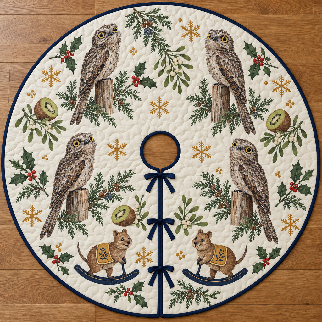 Four illustrated common potoos with mottled gray-brown plumage and large yellow eyes frame two brown toy rocking quokkas with ochre saddles and navy rockers, kiwi halves, cedar, holly, mistletoe and ochre snowflakes on ivory with navy binding. Flat printed Christmas artwork. Includes one circular tree skirt with center opening and tie closure. Visible sewn quilting and continuous radial opening.