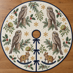 Four illustrated common potoos with mottled gray-brown plumage and large yellow eyes frame two brown toy rocking quokkas with ochre saddles and navy rockers, kiwi halves, cedar, holly, mistletoe and ochre snowflakes on ivory with navy binding. Flat printed Christmas artwork. Includes one circular tree skirt with center opening and tie closure. Visible sewn quilting and continuous radial opening.