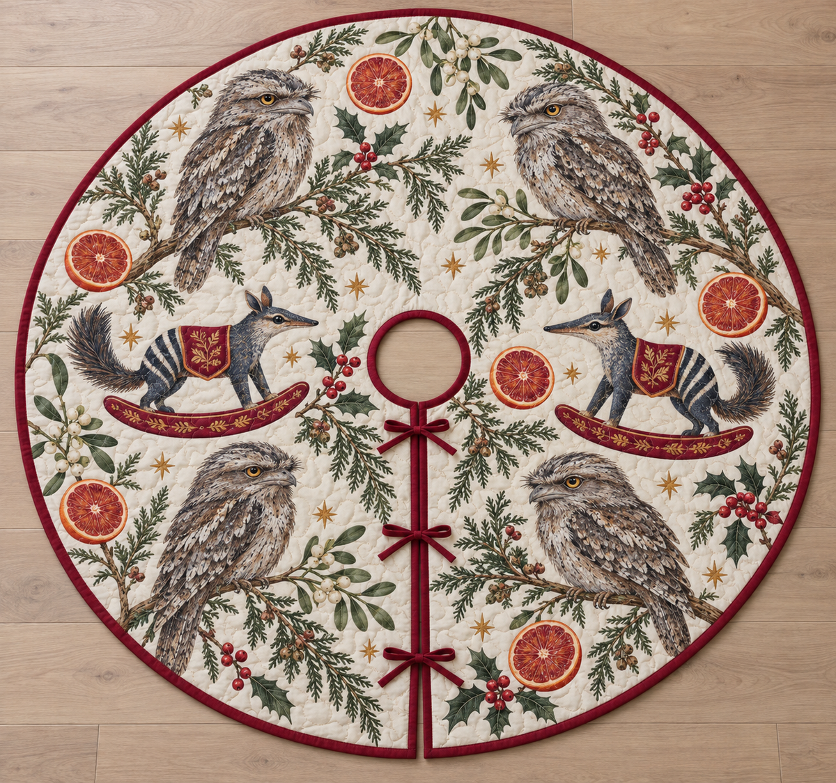 Four illustrated tawny frogmouths with mottled gray-brown plumage, broad bills and yellow eyes frame two navy white-striped toy rocking numbats with cranberry saddles, ochre botanical detail and cranberry rockers, blood orange halves, cedar, holly, mistletoe and ochre stars on ivory with cranberry binding. Flat printed Christmas artwork. Includes one circular tree skirt with center opening and tie closure. Visible sewn quilting and continuous radial opening.