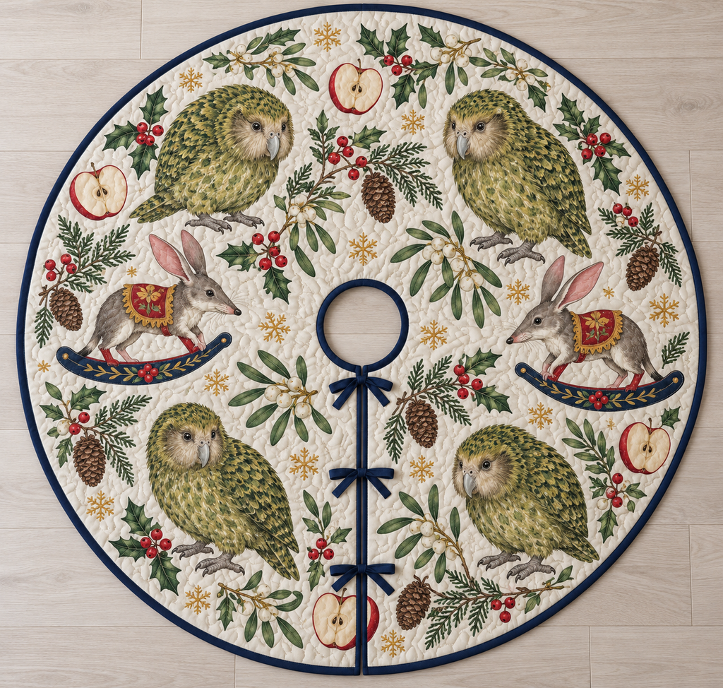 Four illustrated moss-green kakapo parrots with pale facial discs frame two gray-brown toy rocking bilbies with cranberry legs with long pink-lined ears, pointed snouts, cranberry saddles with ochre botanical detail and navy rockers, red apple halves, cedar, holly, mistletoe and ochre snowflakes on ivory with navy binding. Flat printed Christmas artwork. Includes one circular tree skirt with center opening and tie closure. Visible sewn quilting and continuous radial opening.