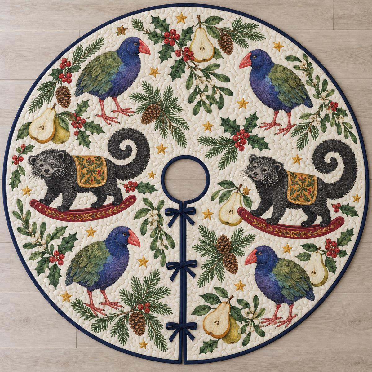Four illustrated takahe birds with cobalt-purple breasts, green wings, thick coral bills and red legs frame two charcoal toy rocking binturongs with shaggy faces, curled tails, ochre saddles and cranberry rockers, pear halves, cedar, holly, mistletoe and ochre stars on ivory with navy binding. Flat printed Christmas artwork. Includes one circular tree skirt with center opening and tie closure. Visible sewn quilting and continuous radial opening.