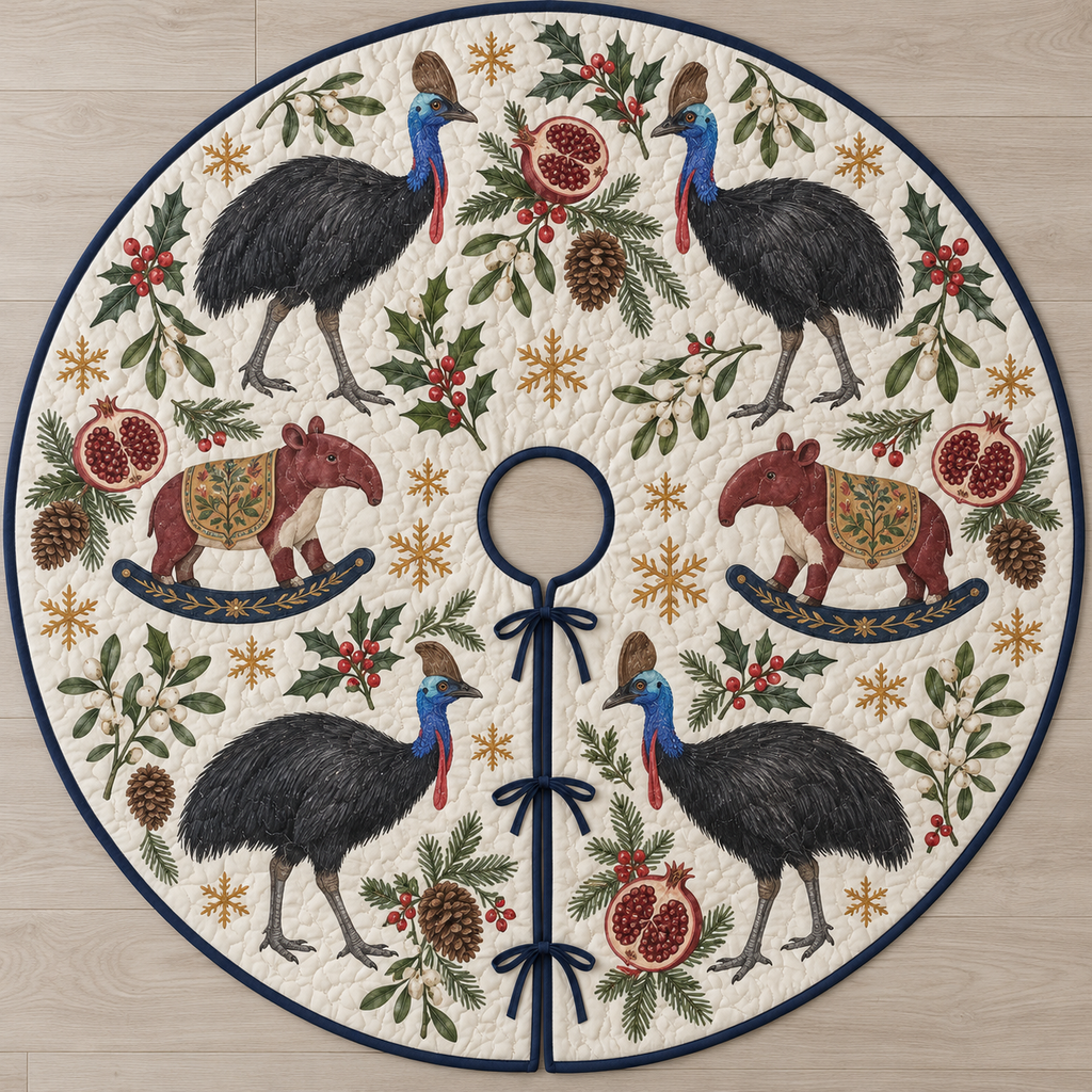 Four illustrated southern cassowaries with black plumage, blue necks, red wattles and brown casques frame two cranberry toy rocking tapirs with short trunks, ochre saddles and navy rockers, pomegranate halves, cedar, holly, mistletoe and ochre snowflakes on ivory with navy binding. Flat printed Christmas artwork. Includes one circular tree skirt with center opening and tie closure. Visible sewn quilting and continuous radial opening.