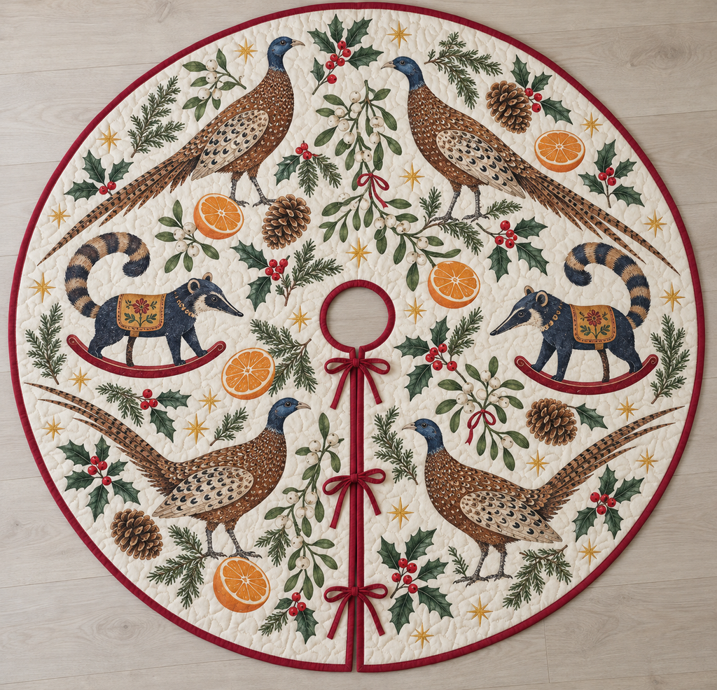 Four illustrated great argus pheasants with speckled brown plumage, blue heads, long tails and cream eye-spotted wing feathers frame two navy toy rocking coatis with pointed snouts, ringed tails, ochre saddles and cranberry rockers, orange halves, cedar, holly, mistletoe and ochre stars on ivory with cranberry binding. Flat printed Christmas artwork. Includes one circular tree skirt with center opening and tie closure. Visible sewn quilting and continuous radial opening.