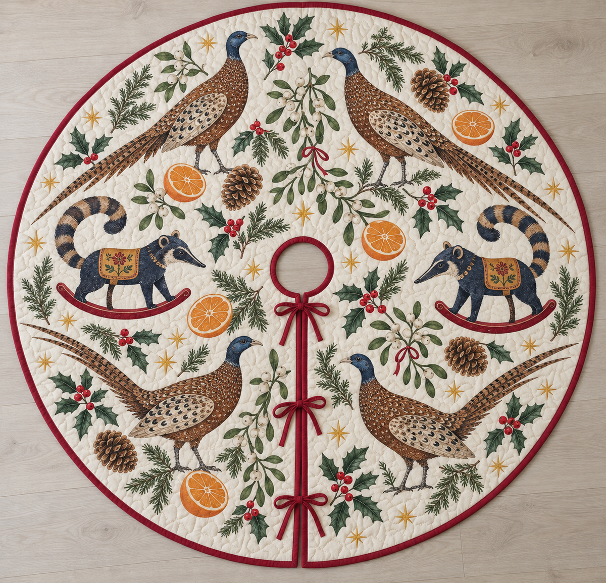 Four illustrated great argus pheasants with speckled brown plumage, blue heads, long tails and cream eye-spotted wing feathers frame two navy toy rocking coatis with pointed snouts, ringed tails, ochre saddles and cranberry rockers, orange halves, cedar, holly, mistletoe and ochre stars on ivory with cranberry binding. Flat printed Christmas artwork. Includes one circular tree skirt with center opening and tie closure. Visible sewn quilting and continuous radial opening.