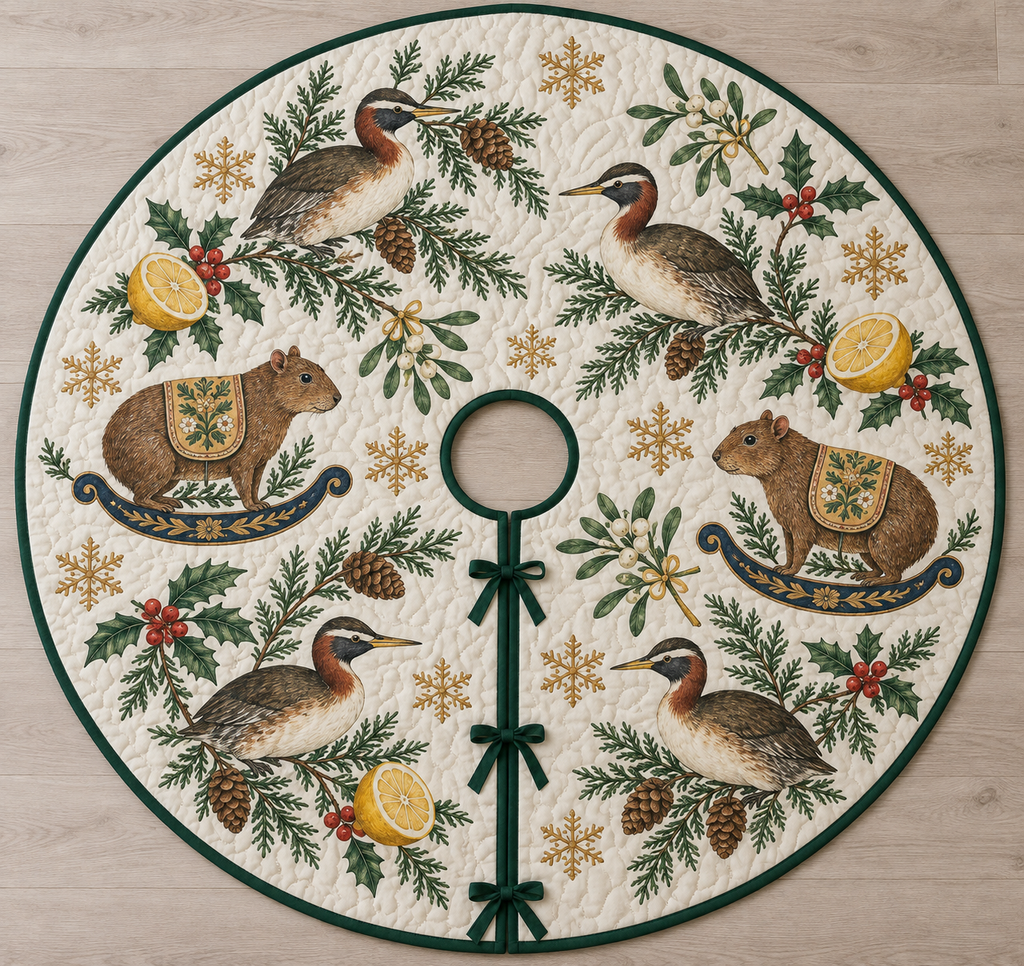 Four illustrated sungrebes with olive-brown backs, rusty necks, white cheek stripes and yellow bills frame two brown toy rocking agoutis with tiny ears, ochre saddles and navy rockers, lemon halves, cedar, holly, mistletoe and ochre snowflakes on ivory with forest-green binding. Flat printed Christmas artwork. Includes one circular tree skirt with center opening and tie closure. Visible sewn quilting and continuous radial opening.