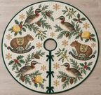 Four illustrated sungrebes with olive-brown backs, rusty necks, white cheek stripes and yellow bills frame two brown toy rocking agoutis with tiny ears, ochre saddles and navy rockers, lemon halves, cedar, holly, mistletoe and ochre snowflakes on ivory with forest-green binding. Flat printed Christmas artwork. Includes one circular tree skirt with center opening and tie closure. Visible sewn quilting and continuous radial opening.