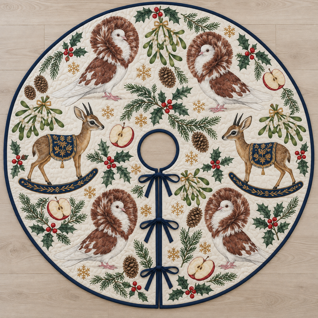 Four illustrated chestnut-and-white Jacobin pigeons with circular feather hoods, pale faces and pink feet frame two brown toy rocking dik-diks with tiny horns, large ears, gray-brown faces, navy saddles with ochre botanical detail and navy rockers, apple halves, cedar, holly, mistletoe and ochre snowflakes on ivory with navy binding. Flat printed Christmas artwork. Includes one circular tree skirt with center opening and tie closure. Visible sewn quilting and continuous radial opening.