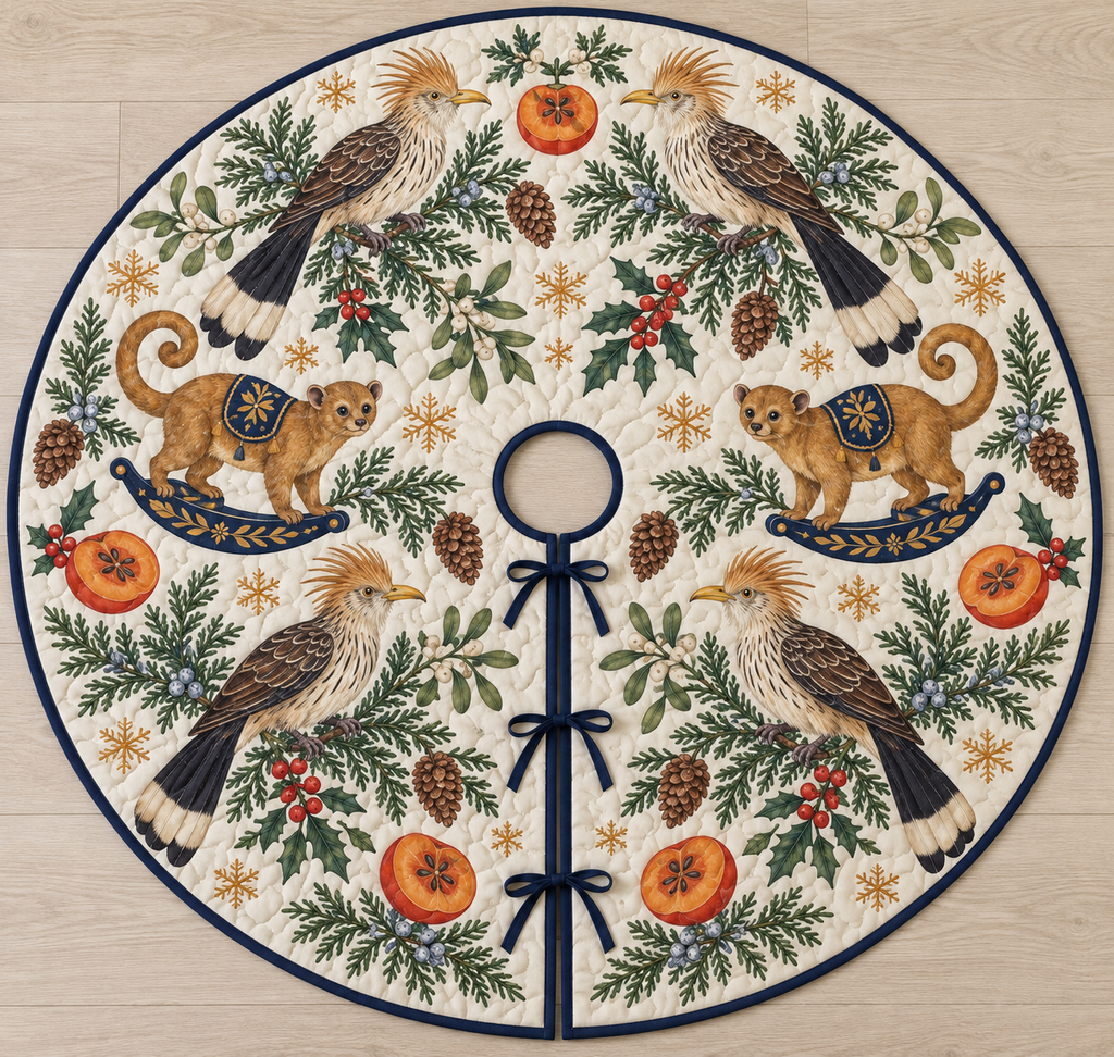 Four illustrated guira cuckoos with shaggy buff crests, yellow bills, streaked brown backs and cream-tipped long tails frame two golden-brown toy rocking kinkajous with rounded ears, curled tails, navy saddles with ochre botanical detail and navy rockers, persimmon halves, cedar, holly, mistletoe and ochre snowflakes on ivory with navy binding. Flat printed Christmas artwork. Includes one circular tree skirt with center opening and tie closure. Visible sewn quilting and continuous radial opening.