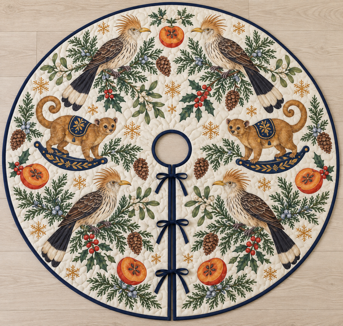 Four illustrated guira cuckoos with shaggy buff crests, yellow bills, streaked brown backs and cream-tipped long tails frame two golden-brown toy rocking kinkajous with rounded ears, curled tails, navy saddles with ochre botanical detail and navy rockers, persimmon halves, cedar, holly, mistletoe and ochre snowflakes on ivory with navy binding. Flat printed Christmas artwork. Includes one circular tree skirt with center opening and tie closure. Visible sewn quilting and continuous radial opening.