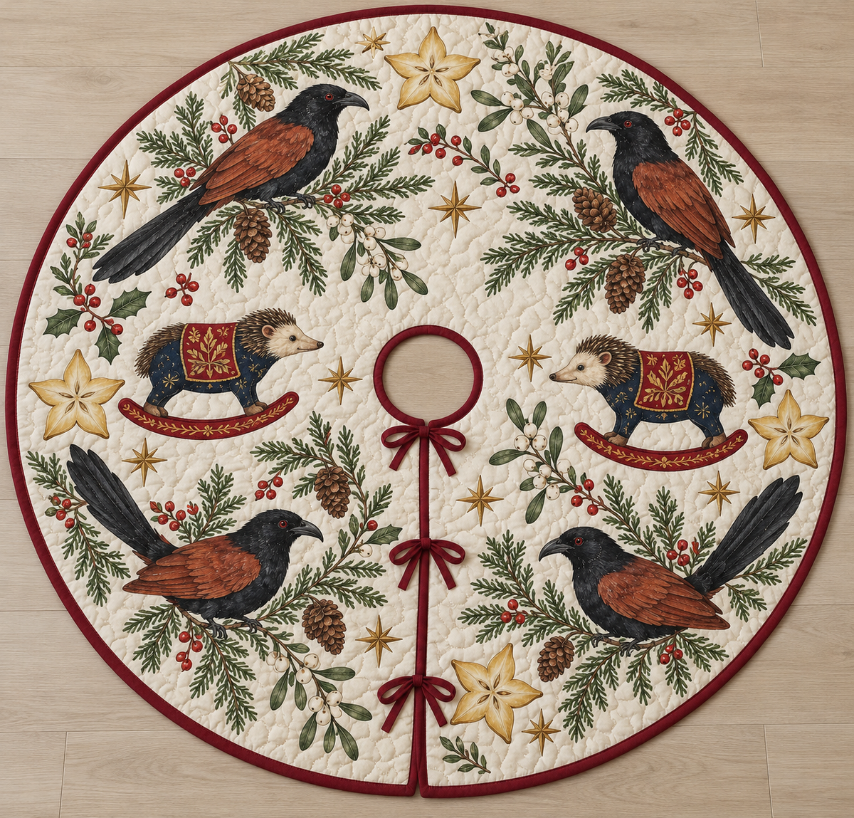 Four illustrated greater coucals with black plumage, chestnut wings, red eyes and long tails frame two navy toy rocking tenrecs with cream faces, brown spiny heads, cranberry saddles with ochre botanical detail and cranberry rockers, starfruit sections, cedar, holly, mistletoe and ochre stars on ivory with cranberry binding. Flat printed Christmas artwork. Includes one circular tree skirt with center opening and tie closure. Visible sewn quilting and continuous radial opening.