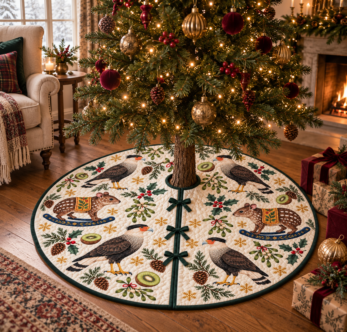 Ivory quilted tree skirt with green binding, four caracaras, two spotted rocking pacas and kiwi botanicals, styled around a Christmas tree in a warm living room. Three lower ties and sewn channels visible. Tree and decorations not included.