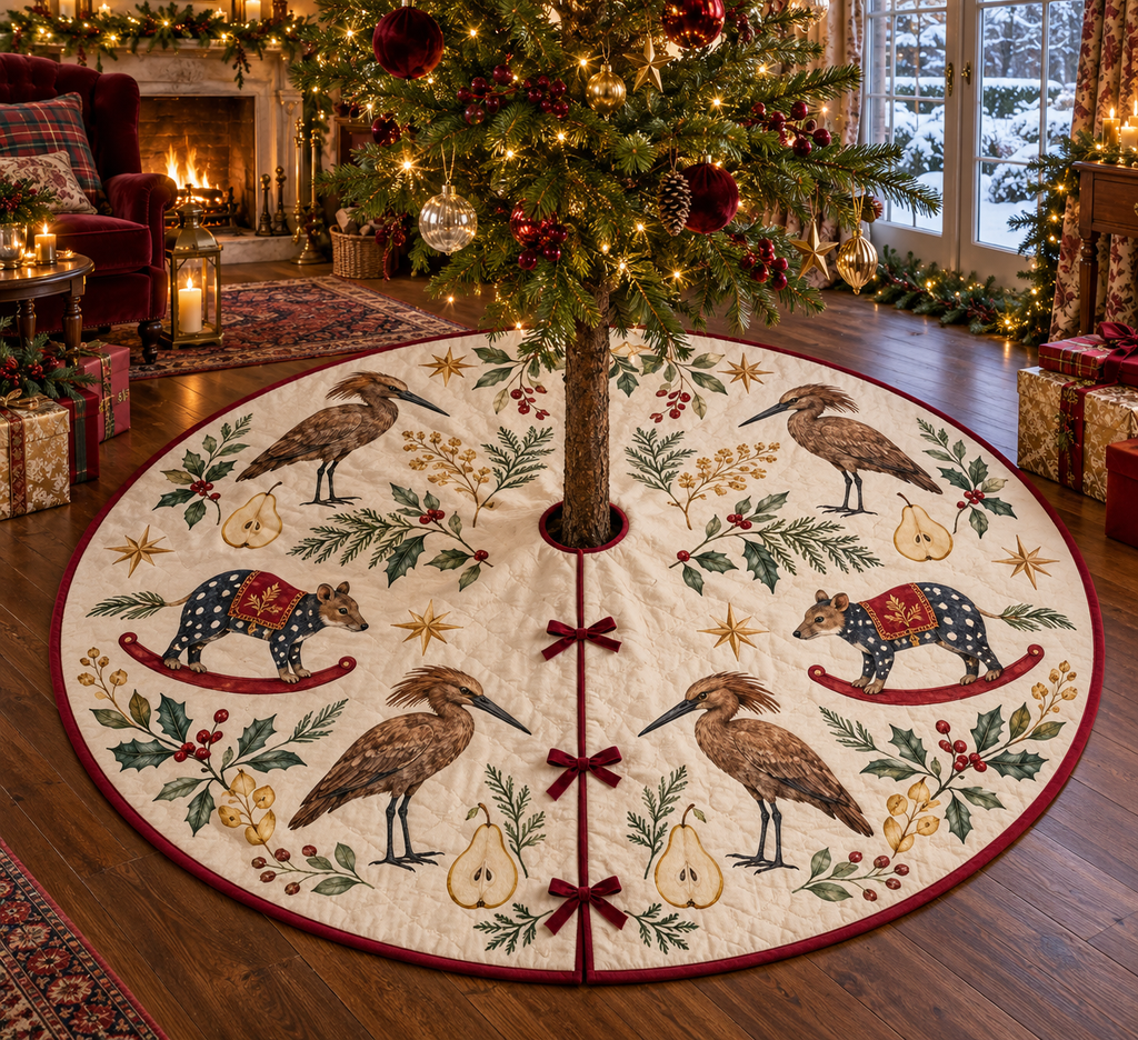 Hamerkop Pear Rocking Quoll ivory Christmas tree skirt with cranberry binding, four printed birds, two spotted rocking quolls, pears and botanical stars. Center opening and three front ties shown in a warm Christmas living room.