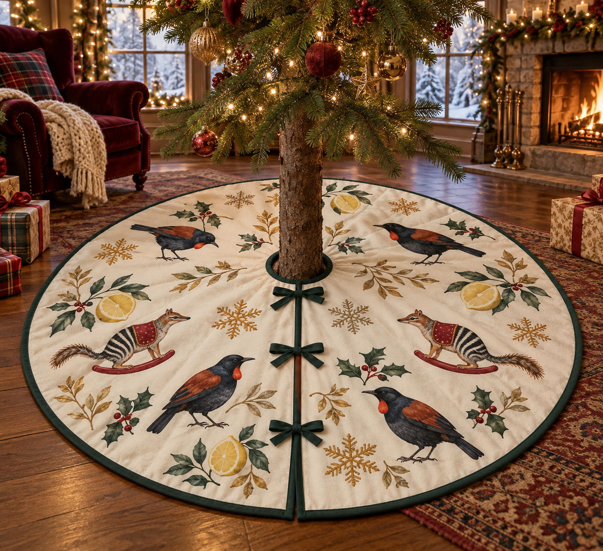 Saddleback Lemon Rocking Numbat ivory Christmas tree skirt with green binding four printed birds two striped rocking numbats lemons botanical snowflakes centered trunk opening and three front ties in a warm Christmas living room.