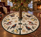 Saddleback Lemon Rocking Numbat ivory Christmas tree skirt with green binding four printed birds two striped rocking numbats lemons botanical snowflakes centered trunk opening and three front ties in a warm Christmas living room.