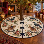 Tui Fig Rocking Potoroo ivory Christmas tree skirt with three flat printed tui birds two brown rocking potoroos figs navy binding centered opening and three front ties shown in a warm Christmas living room.